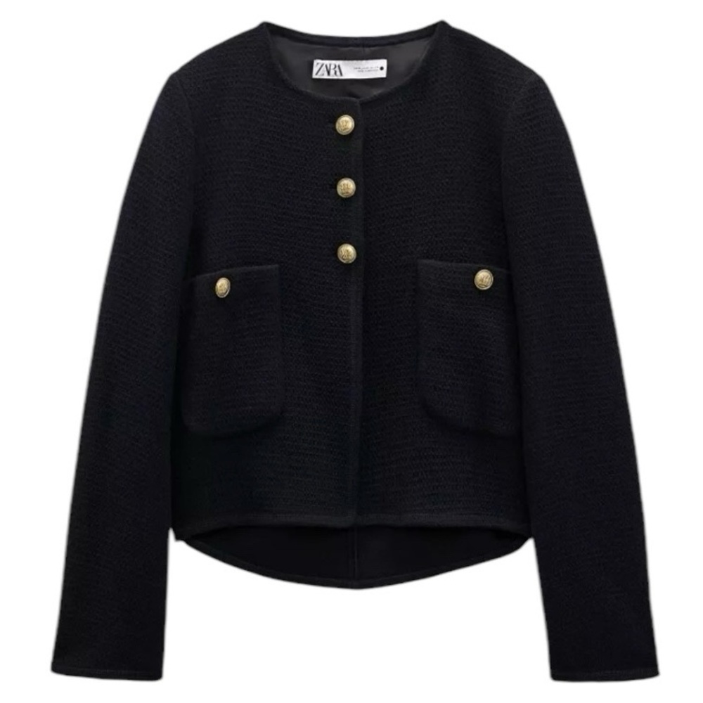 Zara Textured Wool Blend Metal Button Jacket Blazer Black Gold Size Large